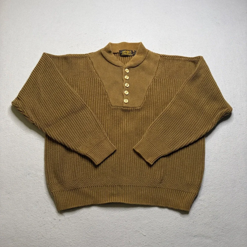 Eddie Bauer Sweater Mens L Brown Vintage Henley Chunky Knit Cotton Shawl Collar